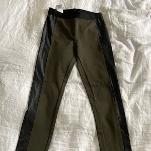 BCBGMAXAZRIA Deep Olive Moto Faux Leather Pant Leggings Size S.